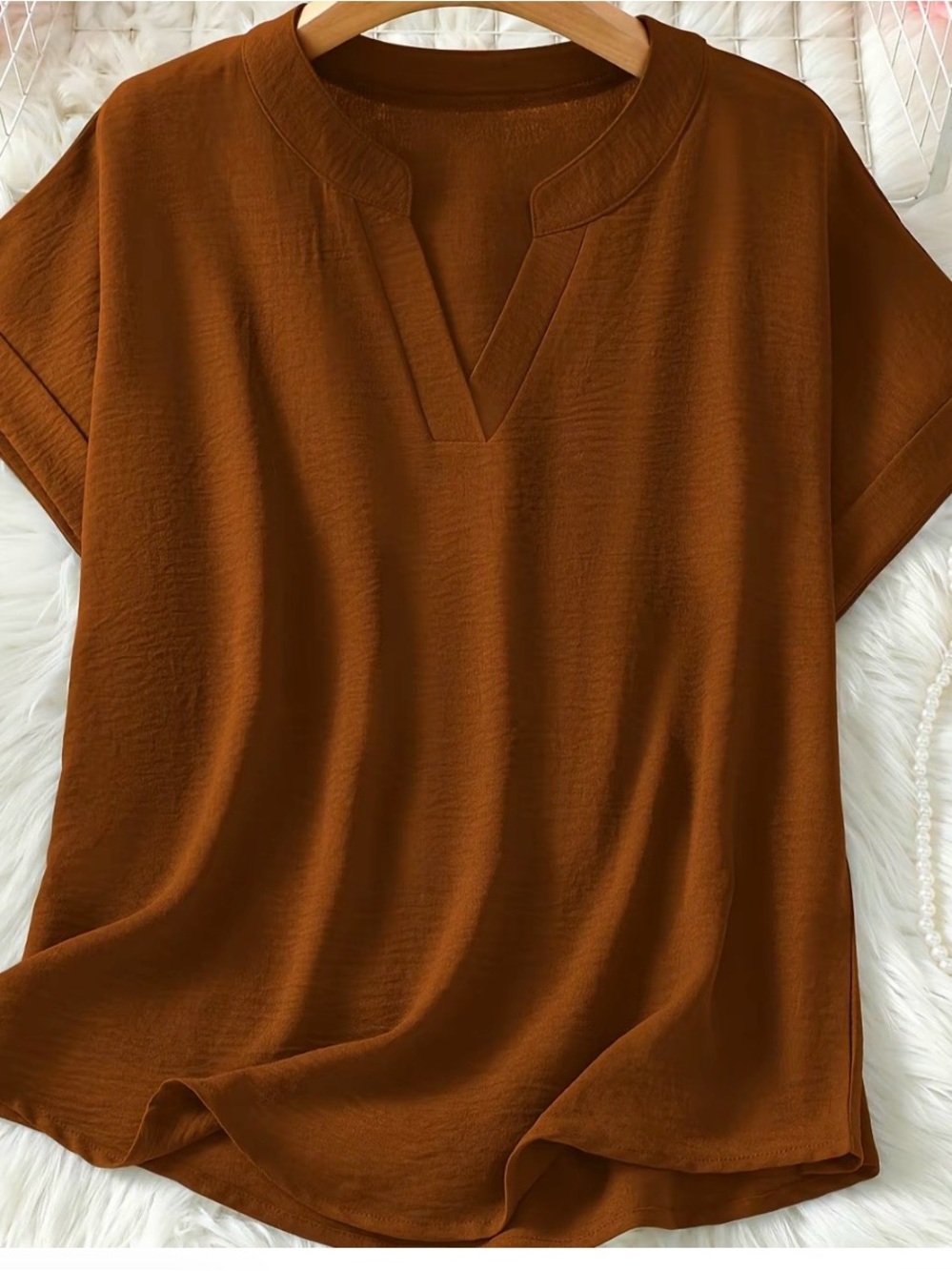 New Brown Flowy Rolled Short Sleeve Blouse